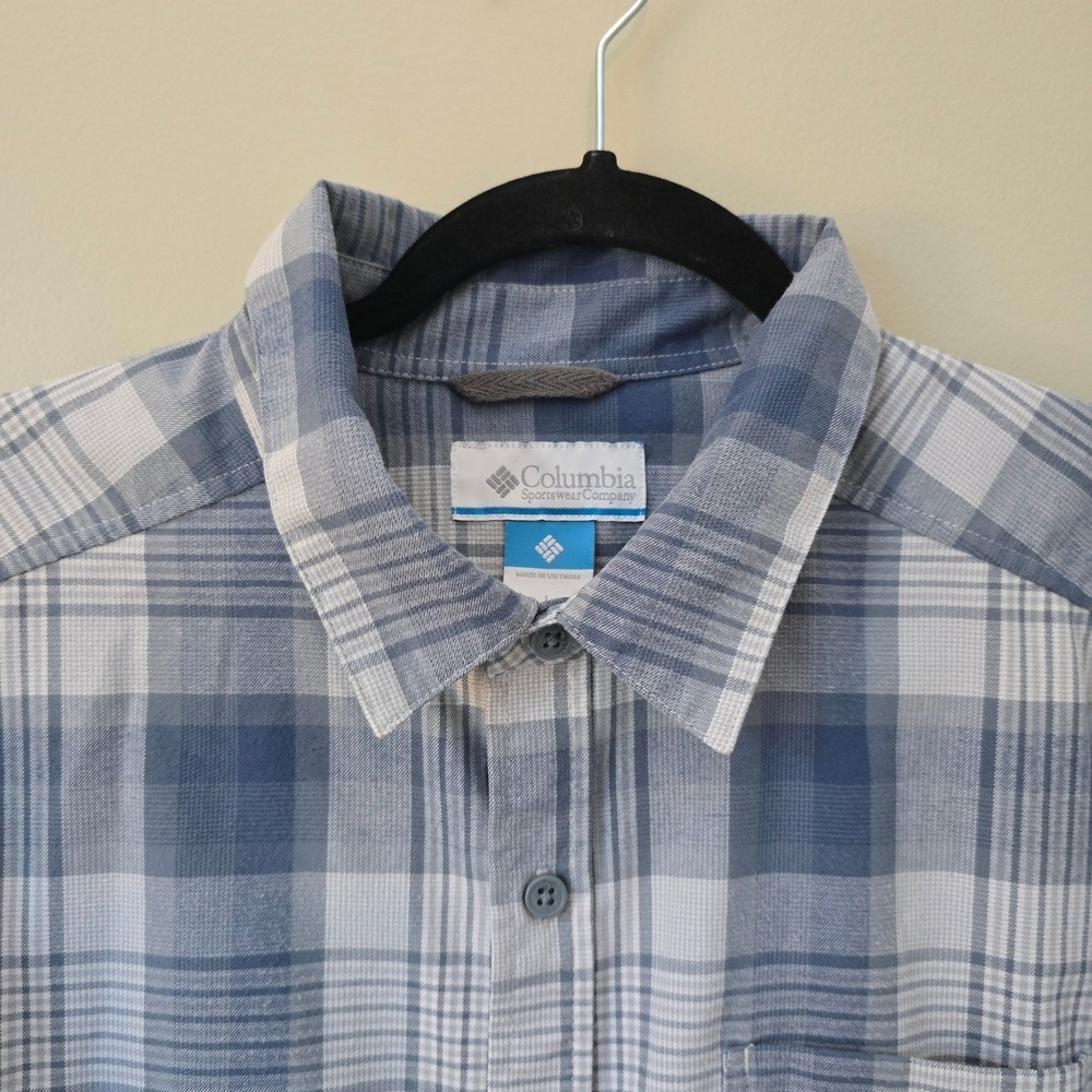 Columbia Mens L Blue White Plaid Button Front Utility Trail Hike Shirt Gorpcore - Picture 3 of 8